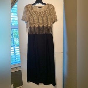 Virgo Evening Dress. Black Gold 2 piece Maxi Fringe Party. Sheeth. Size 6.